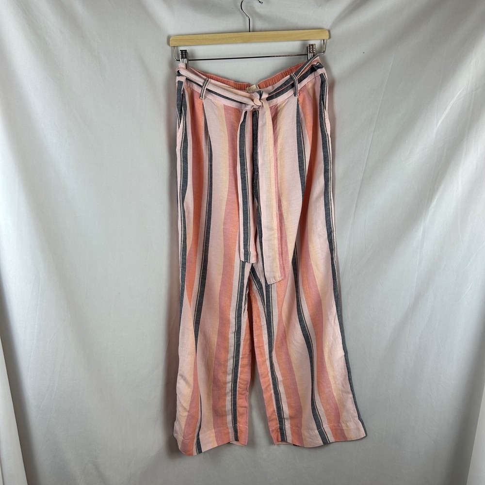 LOFT Womens Petite Medium Pink Orange Striped Cotton Linen Wide Leg Crop Pants - Picture 2 of 9